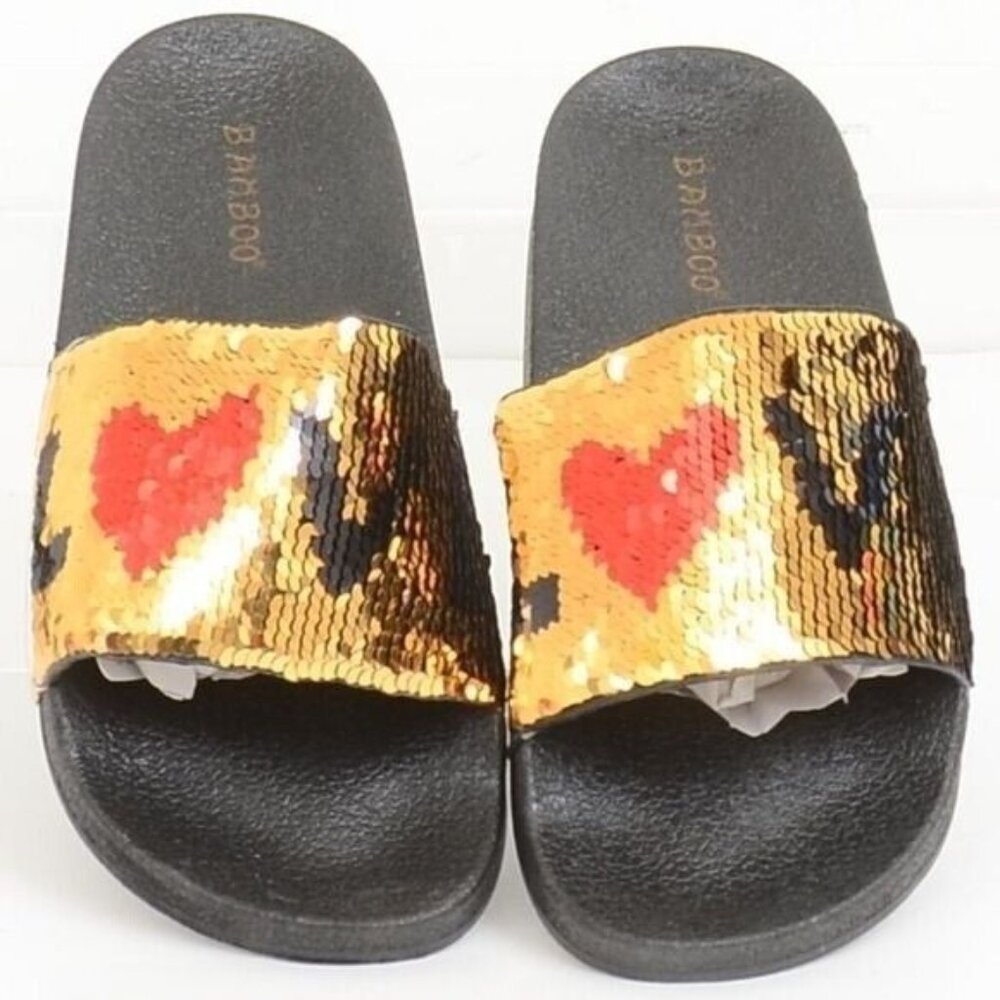 Bamboo‎ 'LOVE' 2-Way Sequin Sparkles Summer Flat Sandal Slip-On Slides Women's 7